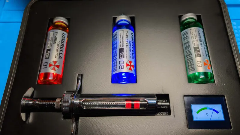 Open tactical transport case containing three illuminated virus vials, a prop injector and a temperature display